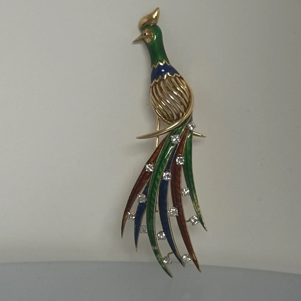 18k Real Diamonds Enamel Multicolor Bird Brooch​​
